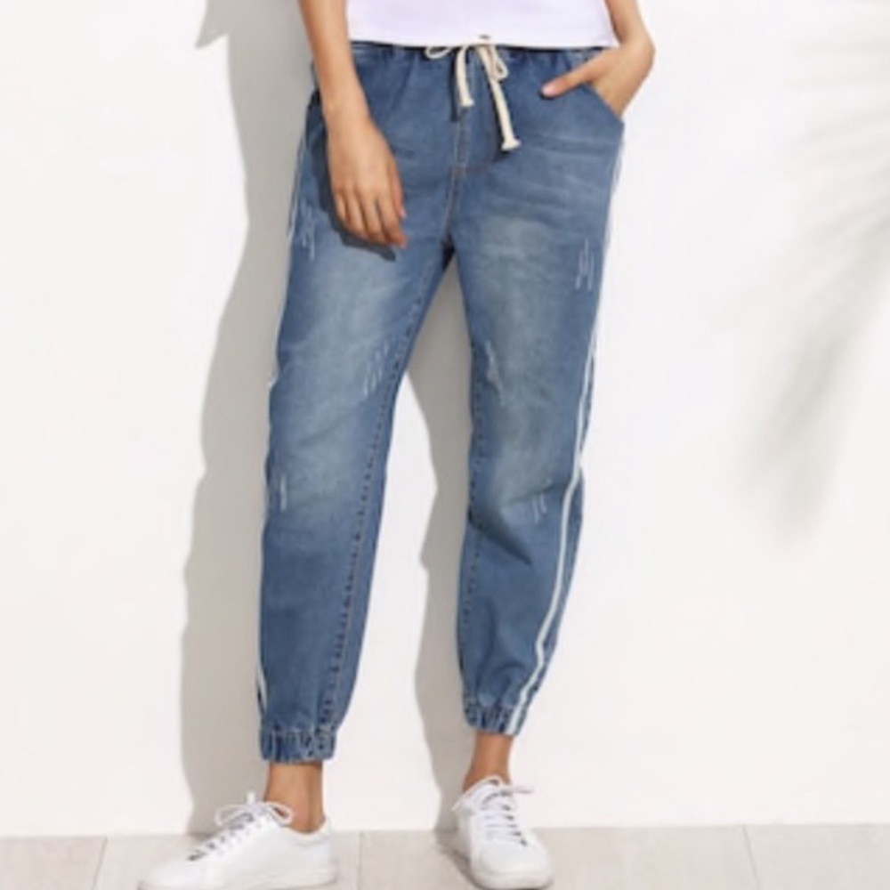 # DISTRESSED DENIM JOGGERS with DRAWSTRING WAIST